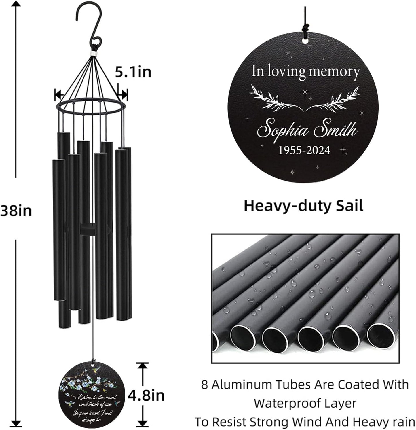 Personalized 36" Healing Memorial Wind Chimes for Outside, Bereavement Gift of Comfort for Loss of Mother, Father or Husband, A Soothing Remembrance for Your Garden and Patio