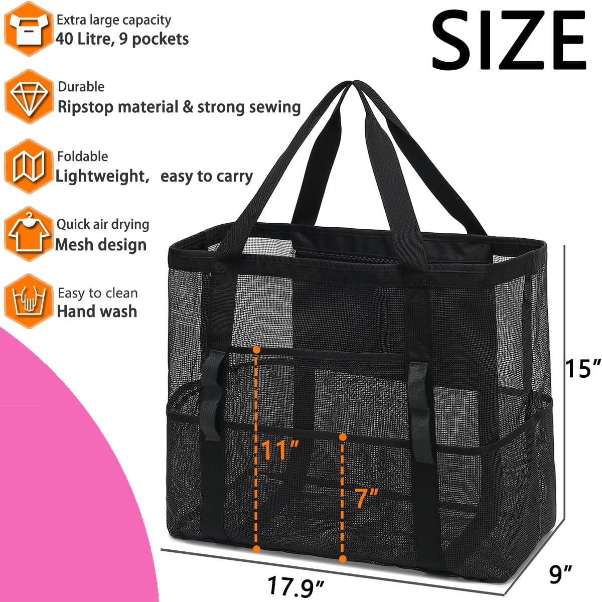 Mesh Beach Bag, Large Beach Tote with Zipper Pocket for Family Pool Bag for Toys & Vacation Essentials