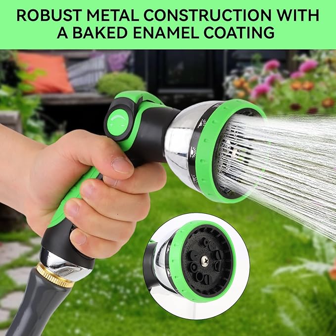 Garden Water Hose Nozzle Metal Heavy Duty Sprayer Thumb Control with 10 Spray Modes Suitable for Watering Plants, Iawn and Garden, Car Washing, Cleaning, Showering Pets and Outdoor Fun, Green