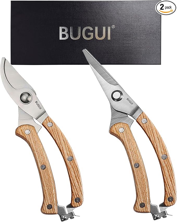 BUGUI 8β Wood Handle Garden Scissors, Set of 2, Includes Bypass Pruning Shears and Long Straight Tip Clippers, Premium Gardening Tools with Precision-Ground SK-5 Steel Blade