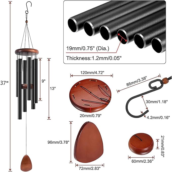 Large Aluminium Wind Chimes 37" Inches to Create a Zen Atmosphere Suitable for Outdoor, Garden, Patio Decoration, Classic Wind Chimes Suitable as A Gift for Unisex (Black)
