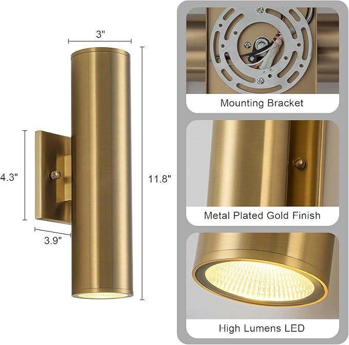 2 Packs Up and Down Lights Outdoor Wall Light Fixture 11.8" Gold Outdoor Sconces Wall Lighting Mount on House Porch & Patio Garage Entrance