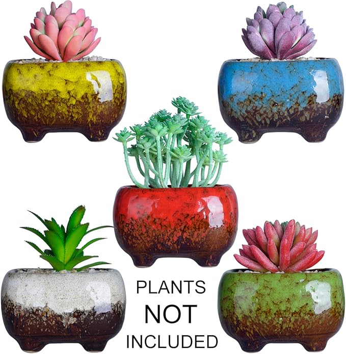 ARTKETTY Succulent Pots - 4.7 Inch Ceramic Succulent Planters Pots with Drainage Set of 5, Rectangular Bonsai Pots with Bamboo Trays Small Pots for Indoor Cactus Flower Plants for Home Office Decor