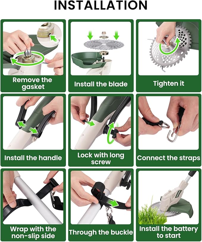 Electric Weed Wacker Cordless, Brushless Grass Trimmer with 2 21V 4.0Ah Batteries and Charger,4 Types of Blades String Trimmer, Weed Eater Battery Powered with Shoulder Strap, Lawn Edger Tool