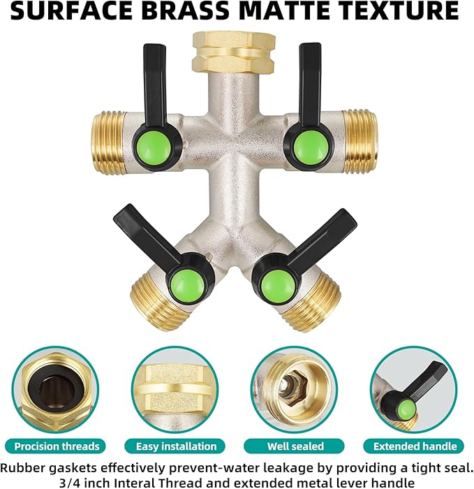4 Way Hose Splitter, Brass High Flow Garden Hose Splitter Heavy Duty, Hose Connector, Water Spigot Splitter, Full Flow Faucet Splitter with shutoff, 3/4” GHT Inlet