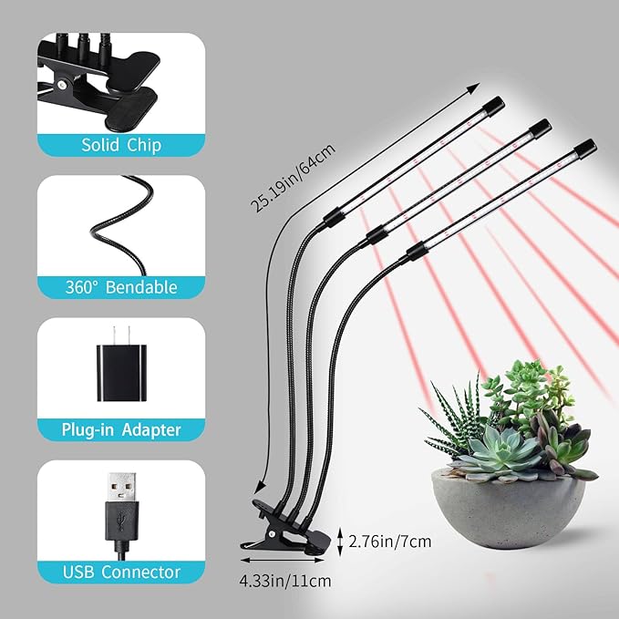 Black Grow Lights for Indoor Plants, 126LEDs Clip Plant Lights, Full Spectrum LED Plant Growing Lamps with Flexible Gooseneck,4/8/12/18H Timer, 3 Spectral Modes, 10 Dimmable Levels,3 Head 1 Pack