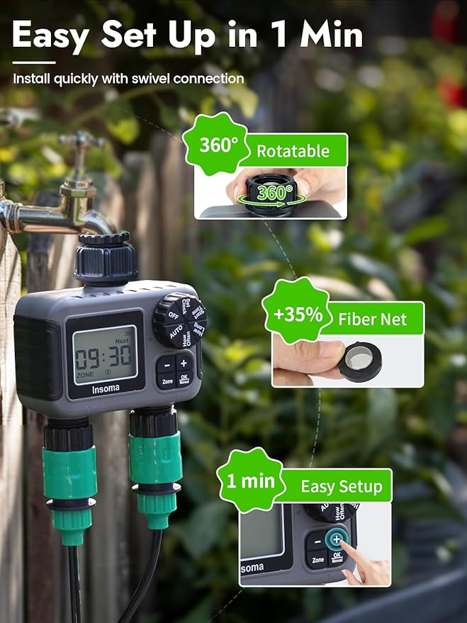Insoma 2-Zone Sprinkler Timer, Programmable Garden Hose Timer with Auto/Manual/Rain Delay Modes | Water-Saving Irrigation Controller for Lawn, Yard & Drip Systems | Waterproof Design & Easy Setup