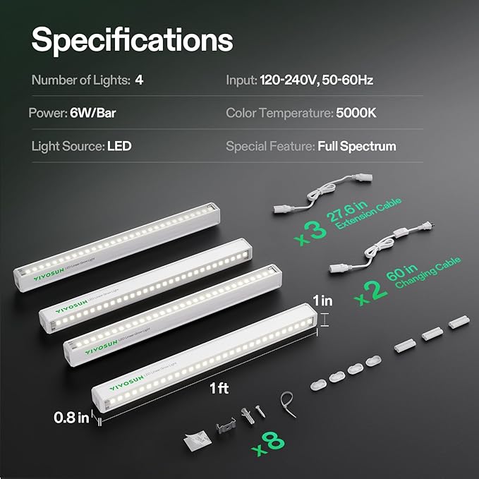 VIVOSUN T5 Grow Lights for Indoor Plants, 5000K Full Spectrum 24W(4 X 6W), 1FT LED Plant Light Strip for Seed Starting, Greenhouse, Hydroponics, SGS Compatible, Linkable, 4-Pack