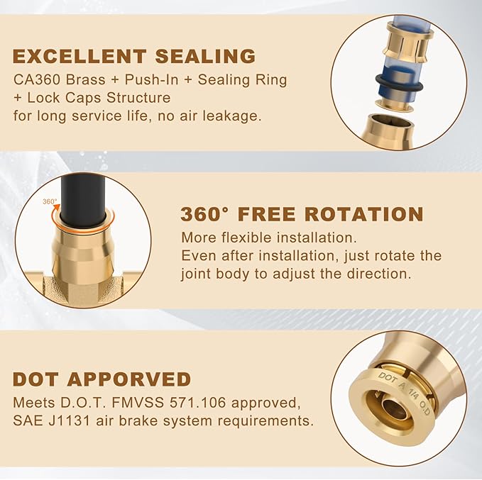 1/4" Quick Push to Connect Fittings Brass Union Tee Shaped Joint DOT Approved 1/4 Inch OD 3 Way Tube Air Line Adapter Air Spring Suspension Kit for Car Truck Trailers and Air Brake System 5pcs