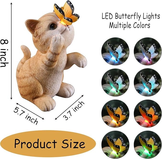 Garden Decor Solar Cat Figurines Cat Lover Gifts with LED Butterfly Lights for Indoor Outdoor Decor for Yard Garden Patio Decor Gifts for Women Grandma Mother's Day Birthday