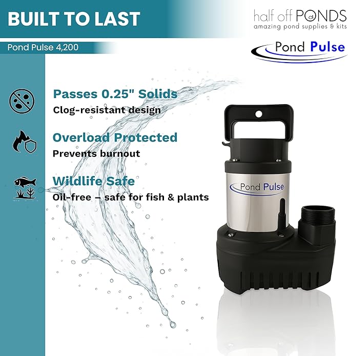 HALF OFF PONDS Pond Pulse 4,200 GPH Submersible Waterfall Pump – Hybrid Drive Pond Pump with 30' Cord – Energy Efficient, Fish Safe, 27' Max Head, for Skimmers & Large Water Features