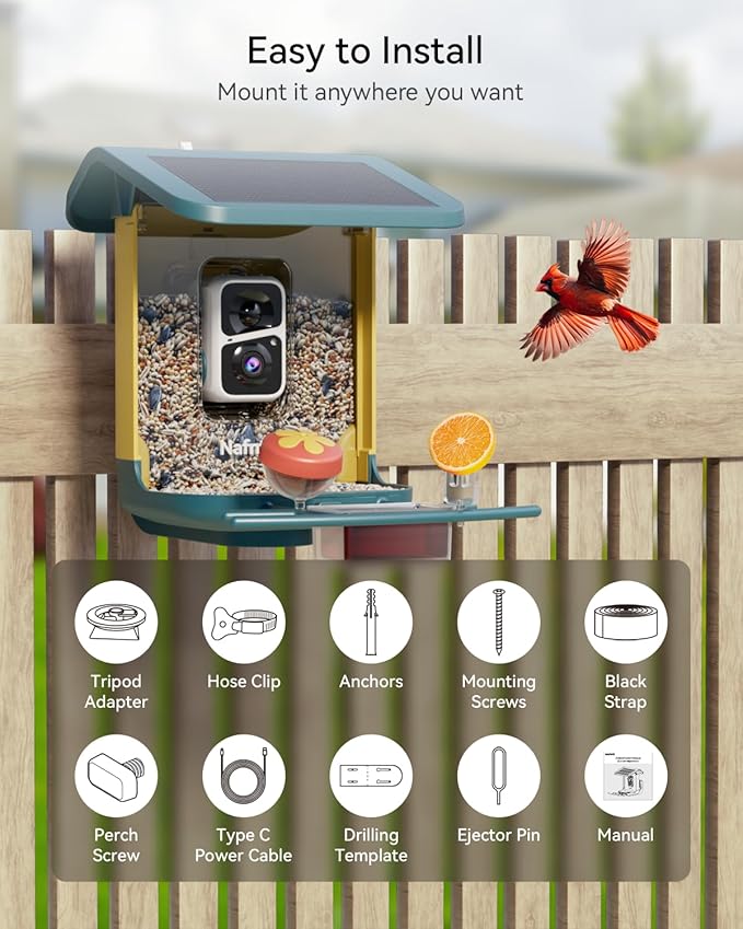 2K Smart Bird Feeder with Camera for Outdoor, Solar Powered, AI Identify 10,000+ Birds, 1.8L, IP65 Waterproof, Squirrel Proof, Live View Alerts, Various DIY Addons, Ideal Gift for Bird Watching