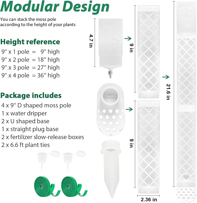 4 Psc 9'' D Shaped Moss Pole with Water dripper,Easy-to-Assemble Monstera Plant Support,Anti-tip Sturdy Plant Poles for Large Climbing Plants,Plastic Moss Pole for Plants Indoor (White)