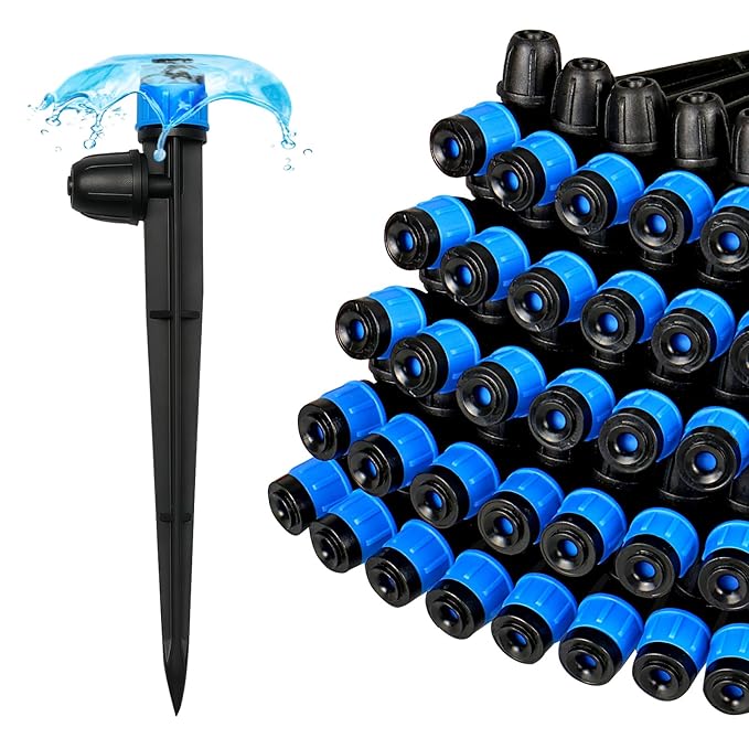 50 Pieces Drip Irrigation Emitters, Adjustable 360 Degree Drip Vortex Emitters on 5" with Stake for 1/4" Drip Irrigation Tubing Irrigation Fan Shape Drippers for Garden Watering System