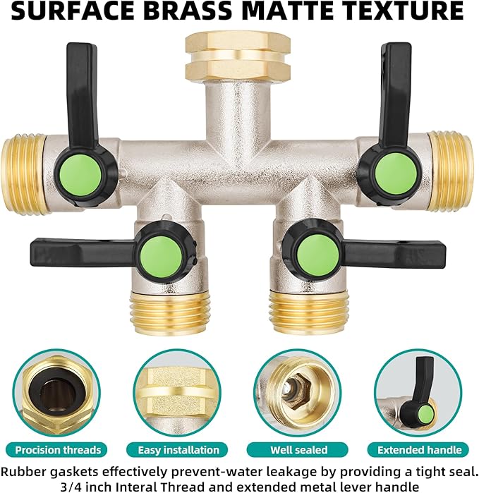 4 Way Hose Splitter, Brass High Flow Garden Hose Splitter Heavy Duty, Hose Connector, Water Spigot Splitter, Full Flow Faucet Splitter with shutoff, 3/4” GHT Inlet