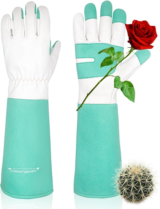 HANDLANDY Long Gardening Gloves for Men & Women, Thorn Proof Rose Pruning Gloves Leather Gauntlets Garden Glove Yard Work Glove (XS, Green)