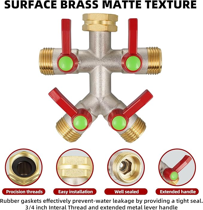 Hose Splitter 4 Way, Brass High Flow Garden Hose Splitter Heavy Duty, Hose Connector, Water Spigot Splitter, Full Flow Faucet Splitters with Shutoff, 3/4” GHT Inlet