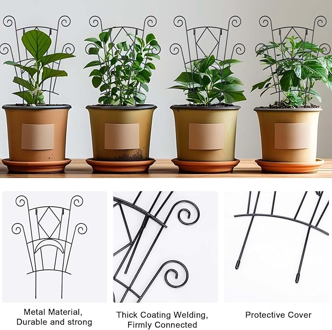4 Pack Stackable Metal Plant Trellis for Climbing Plants Outdoor/Indoor - Sturdy Garden Trellis for Potted Plants, Vine Support Stakes with Rustproof Design- Decorative Plant Support
