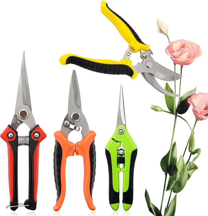 4 Pack Garden Pruning Shears Stainless Steel Clipper Kits, Handheld Garden Trimming Scissors with Sharp Blade Snips Scissors- Gardening Tools for Flowers Plant Branches (Curved & Straight Blade)