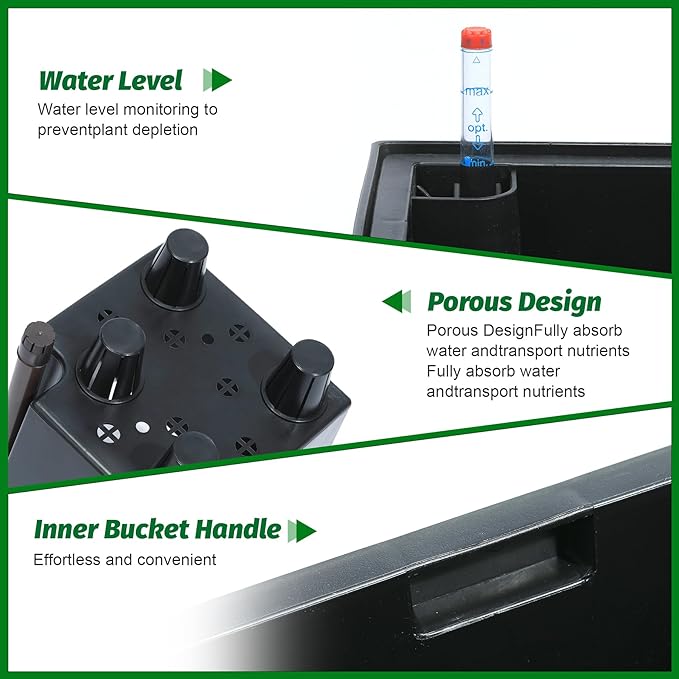 GarveeLife 16 in Tall Planters Set of 2, Outdoor&Indoor Black Planter Pots, High Front Porch Planter Pots with Drainage Holes&Water Level Monitor&Inner Bucket, Automatic Watering,Black