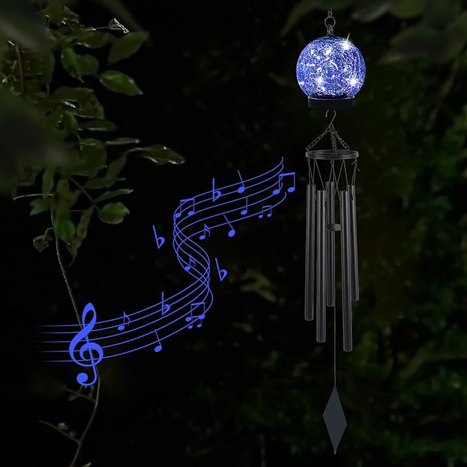 Wind Chimes Outdoor Solar Lights, 42 Inch Large Sympathy Chime 15 Blue LEDs Crackled Glass Ball Birthday Gifts for Women Decorative Hanging in Garden, Yard, Patio, Landscape