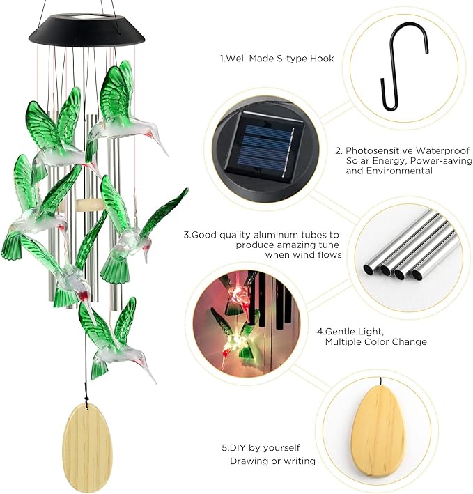 Hummingbird Decorative Mobiles Gifts, Solar Hummingbird Wind Chimes, Gifts for Mom, Women, Grandma, Garden Courtyard Lawn Decor, Gift for Christmas and New Year