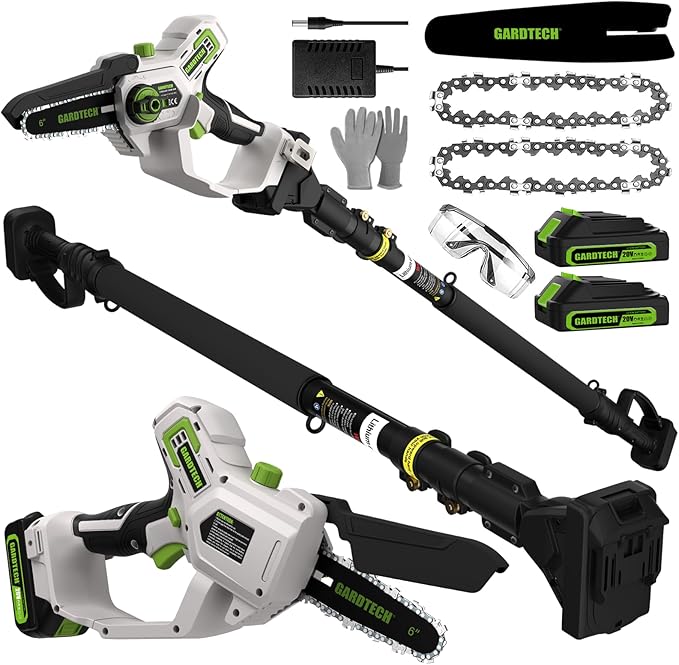 Gardtech 20V MAX* Brushless Cordless Pole Saw + 6 Inch Mini Chainsaw Cordless, 99-inch Max Reach & Multi-Angle for Tree Branches Pruning, Wood Cutting(2.0Ah Battery and Charger Included)