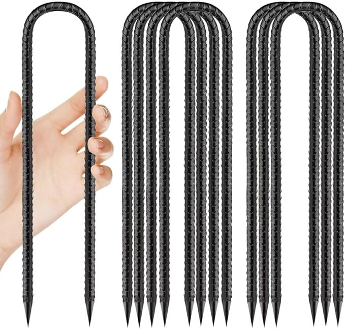 Rebar-Stakes-12-Inch, Ground Stakes Heavy Duty U-Hook Black Coated Anti-Rust Heavy Duty Ground Anchors for Garden Dog Fence Chicken Coop Christmas Decorations Deer Fence 8pcs
