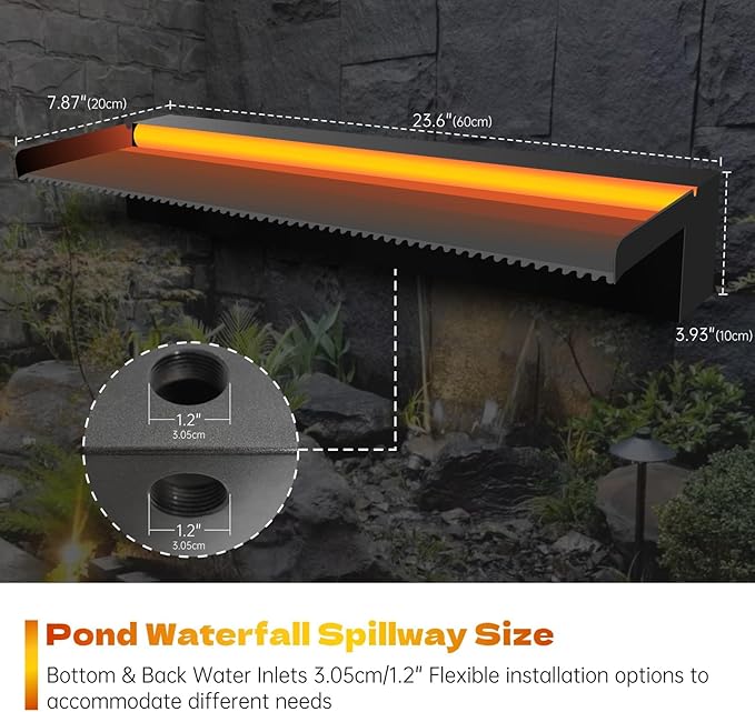 Pool Waterfall Spillway Stainless Steel Pond Fountain, APP Control Colorful LED Lighted Outdoor Black Fountains, Water Flow Spillways Kit for Koi Pond, Swimming Pool, Garden-23.6"x7.8"x3.9"
