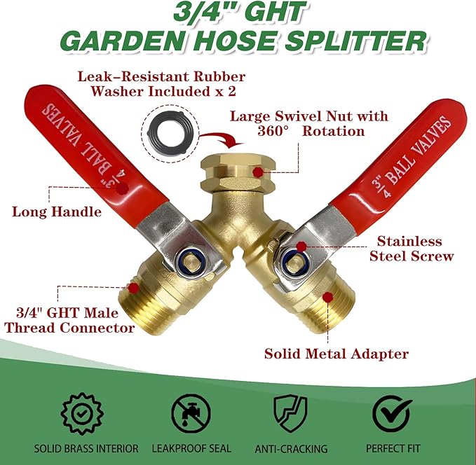 2 Way Garden Hose Splitter, Solid Brass High Flow Spigot Splitter with 3/4” GHT Thread, Individual Shut-Off Valves & Long Handle, Heavy Duty Hose Manifold for Outdoor Faucet