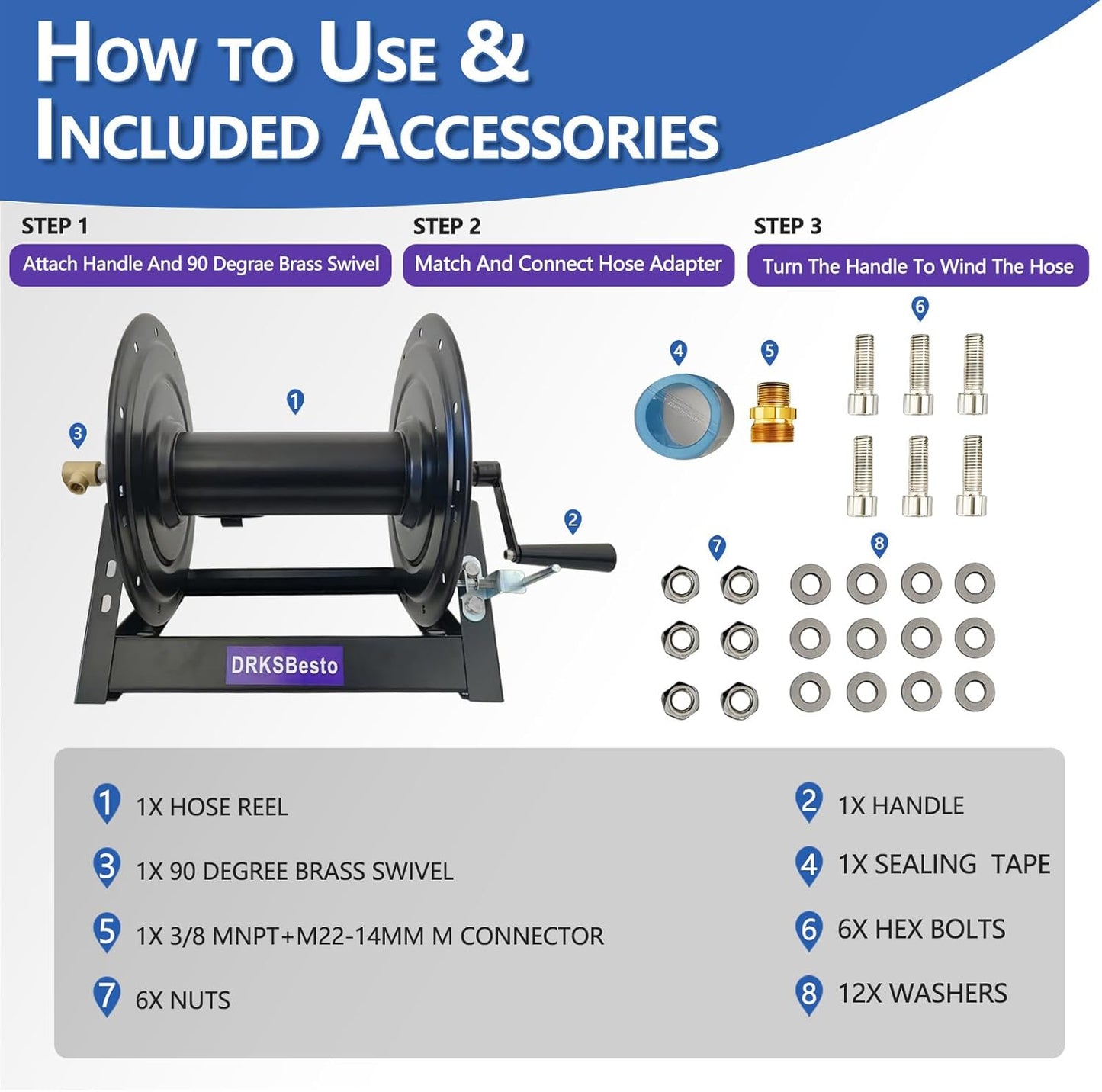 Pressure Washer Hose Reel 3/8" x 350FT, Hand Crank Power Washer Hose Reel with M22 Fitting, 5000 PSI Heavy Duty Hose Reel for Water, High Pressure Washer Reel with Trailer/Wall/Van Mount