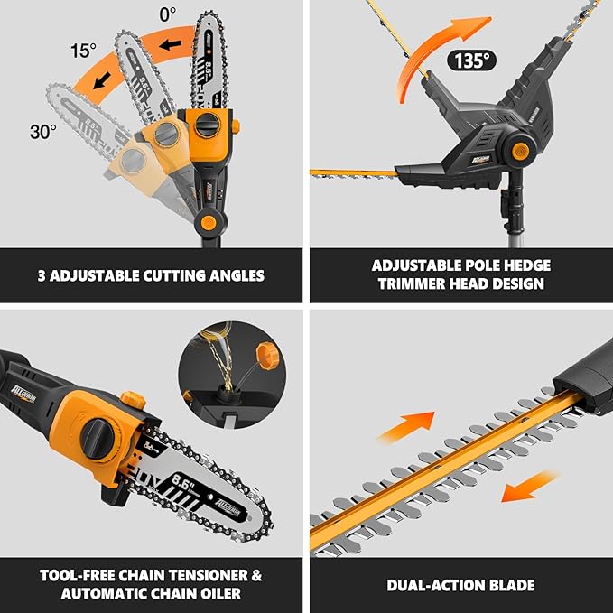 Alloyman 2-in-1 Telescopic Cordless Pole Hedge Trimmer 16-Inch and Pole Saw 8.6-Inch,with 2 Packs 4.0Ah Batteries & Charger,for Tree Trimming and Shrubs Pruning