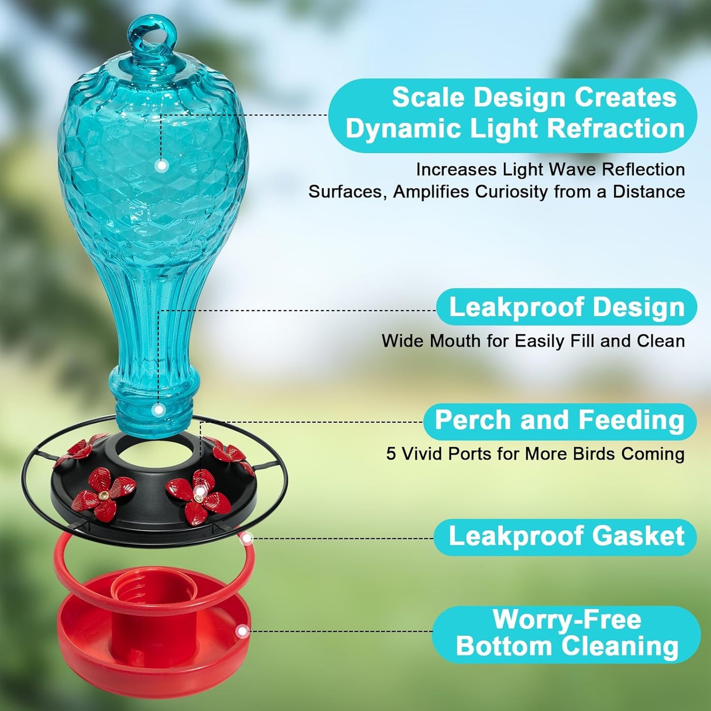 Hummingbird Feeder - Hand Blown Glasss Hummingbird Feeders for Outdoors Hanging with Ant Moat, Never Fade, Garden Backyard Decoration, for Women Mom Dad (Blue)