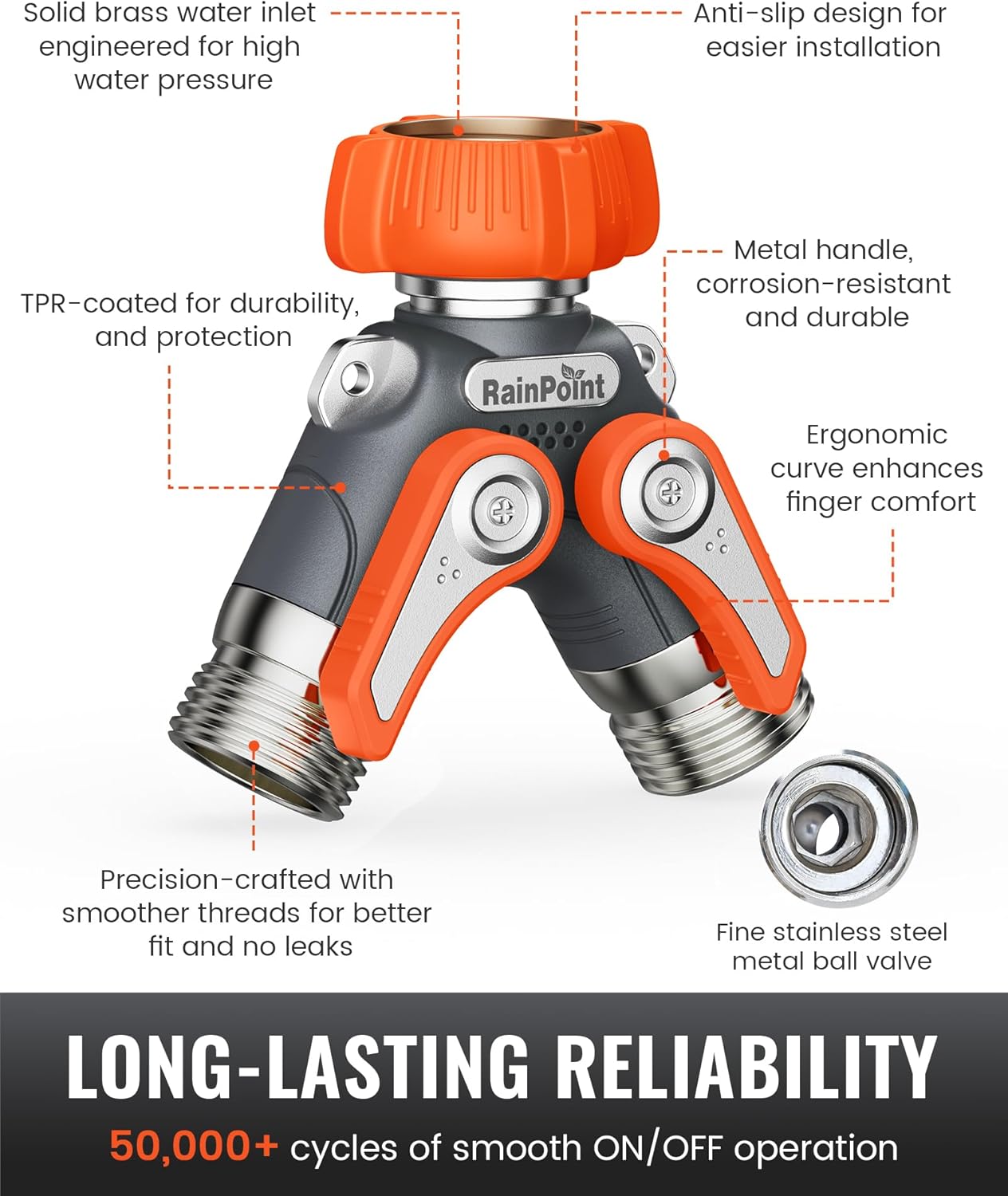 RAINPOINT Garden Hose Splitter, 2 Way Heavy Duty Water Hose Y Spigot Splitter with Shutoff Valves, 100% Metal Body Outdoor Faucet Splitter, 1.9" Extra Long Metal Handle, 3/4" GHT Thread (1, Orange)