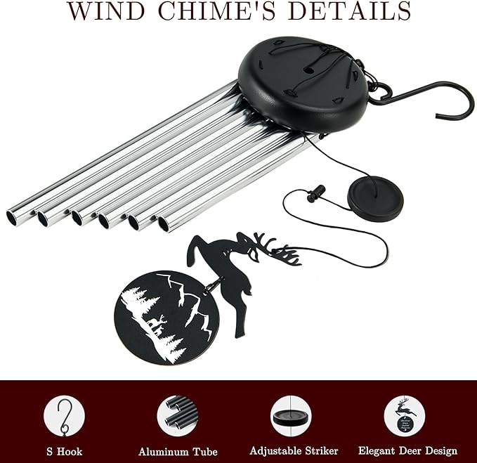 Wind Chimes for Outside, 32" Memorial Wind Chimes for Loss of Loved One Mother Father, Memorial Sympathy Gift Outdoor Garden Patio Decor, Deer Xmas Decorations (Silver)