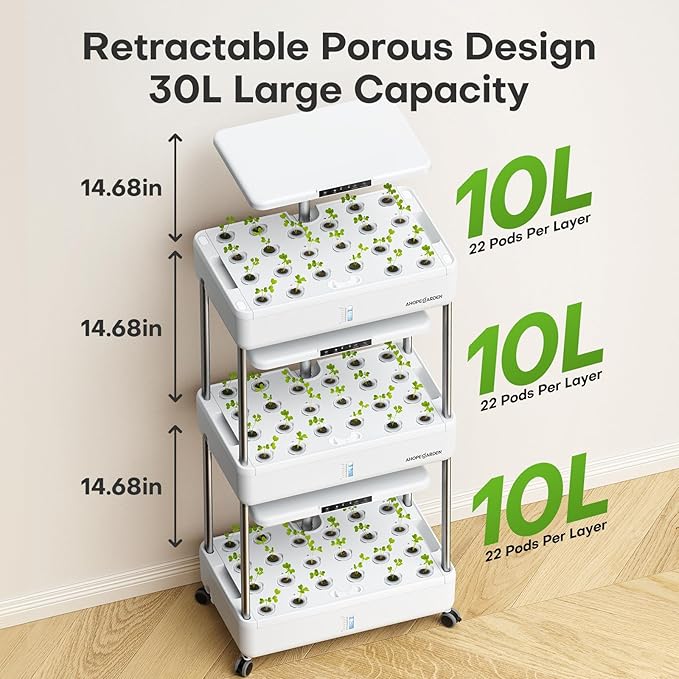 Ahopegarden Indoor Garden Hydroponics Growing System Kit: 66 Pods Plant Herb Garden Germination Kit with LED Grow Light, 30L Large Capacity Kitchen Hydroponics Planter Grower for Vegetable Fruit