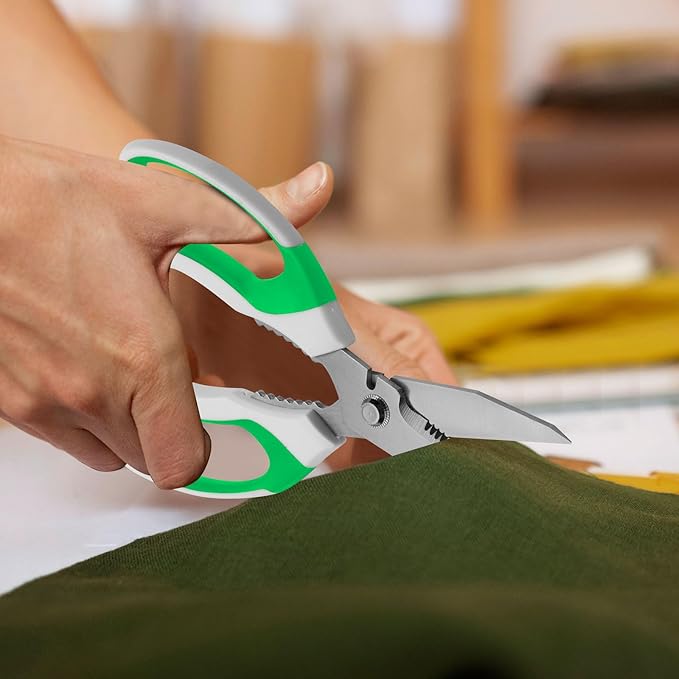 8-Inch Heavy Duty Utility Scissors All Purpose, Serrated Blade, Green Comfort Grip for Cutting Carpet, Cardboard, Leather, Fabric, Multipurpose Sharp Shears for Kitchen, Garden, Office, Carft