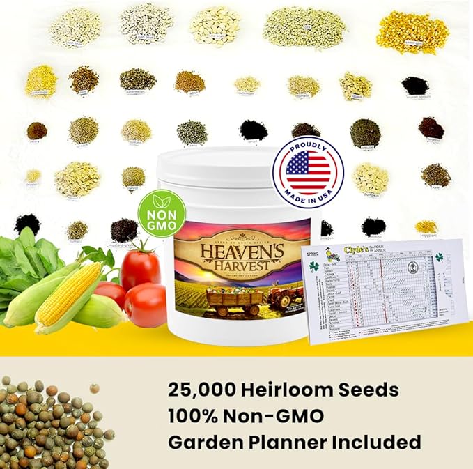 Heaven’s Harvest “10 Year Garden” Survival Seed Bank Kit | Over 75k Non GMO Heirloom Vegetable Survival Seeds + 2 Free Bonus Items: Clyde’s Garden Planner + Seed Vault Storage Drum for 10 Year Storage