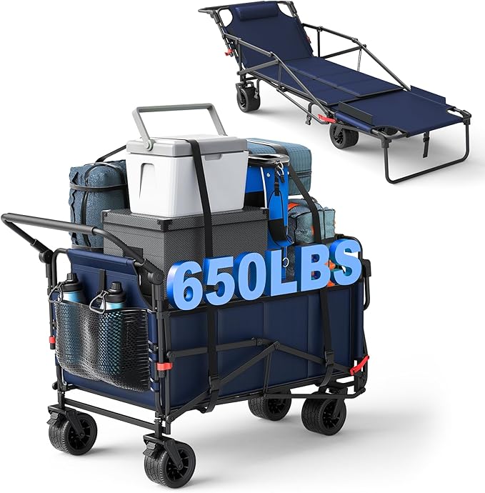 LEVELEVE Heavy Duty Folding Wagon - 2-in-1 Collapsible Cart, 650lb Capacity, All-Terrain Wheels w/Brakes & Side Pockets (Blue)