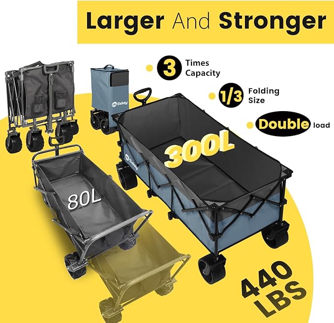 Sekey 48''L Collapsible Foldable Extended Wagon with 440lbs Weight Capacity, Heavy Duty 300L Folding Utility Garden Cart with Big All-Terrain Beach Wheels & Drink Holders. Blue&Grey