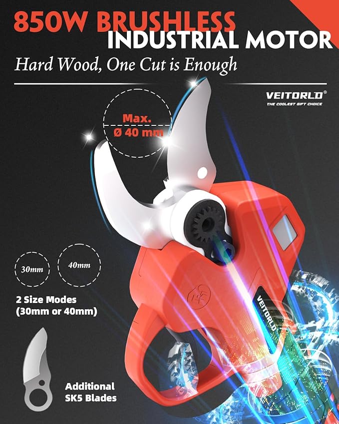 VEITORLD Electric Pruning Shears, Upgraded 1.6" Cutting Diameter Cordless Pruner with Brushless Motor, 2 * 2000mAh Rechargeable Batteries & SK5 Blade, Effortless Garden Pruning Tool for Tree Branches