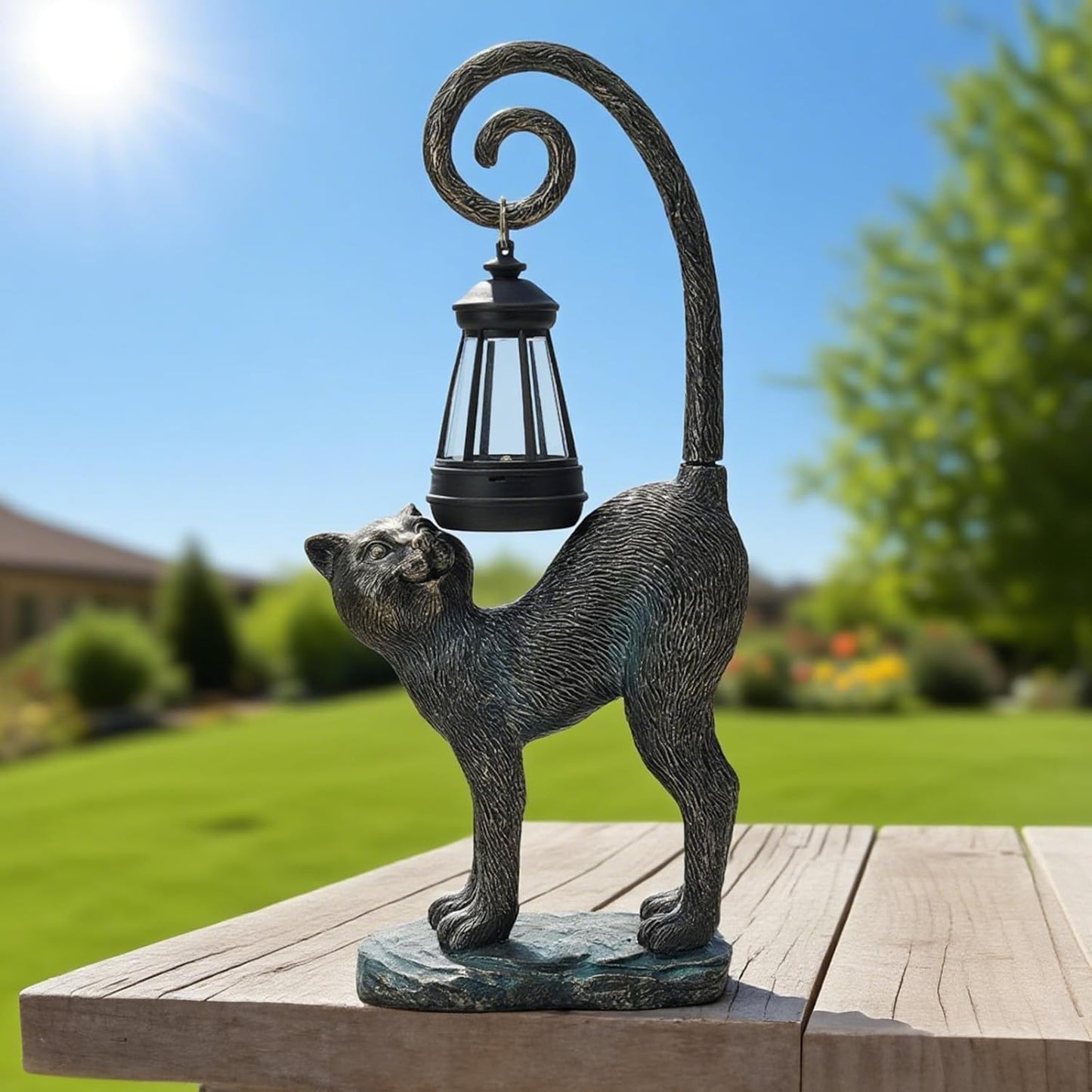 Solar Cat Garden Decor Outdoor Statue - Cat with LED Waterproof Sculptures Lights, Cute Pond/Yard Statues Outside Decoration, Home, Lawn, Patio, Resin Animal Ornament, Women/Gardening Gift