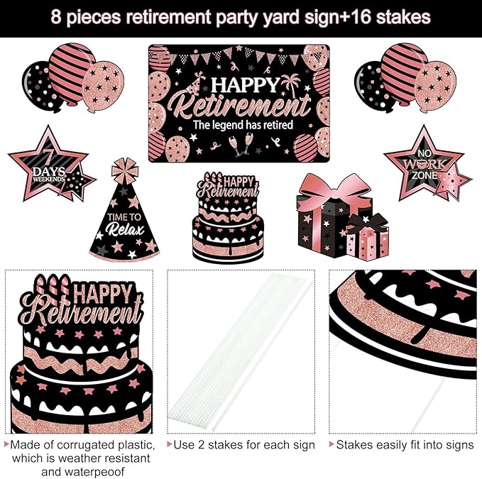 Yulejo 8 Pieces Retirement Yard Sign Decorations Happy Retirement Yard Signs Retirement lawn Sign with Stakes for Outdoor Retirement Party Supplies 16inch (Rose Gold and Black)