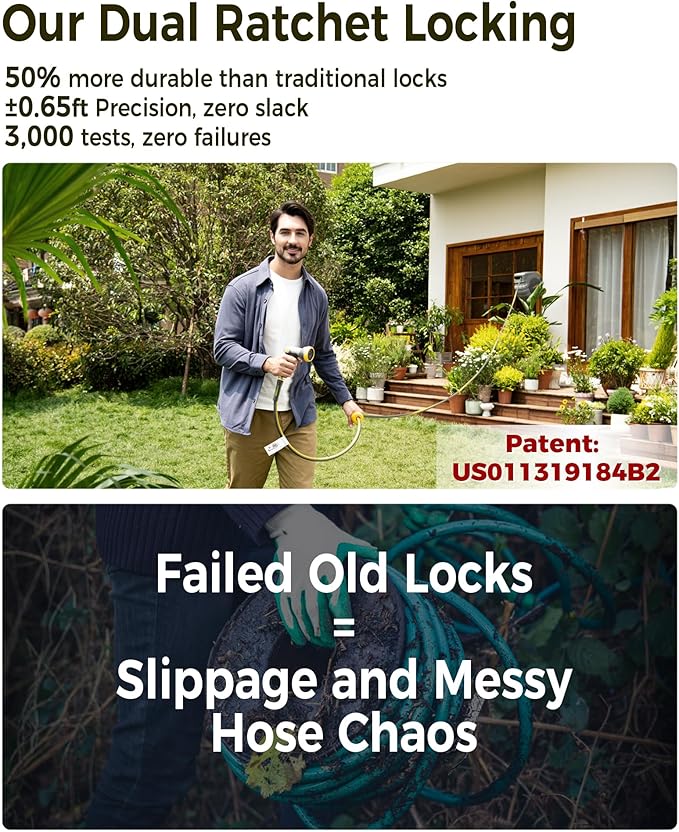 GLAHODEN Retractable Garden Hose Reel 5/8 in x 100 ft Metal Bracket, 2025 Upgraded Dual Ratchet Lock UV & Freeze Protection Brass Seal Slow Retraction Anti-Tangle Hose 180°Swivel