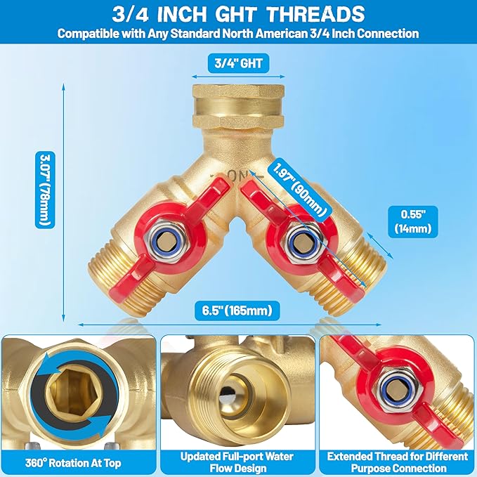 Garden Hose Splitter Full Flow, Brass Y Hose Splitter 2 Way Heavy Duty with Shutoff, Outdoor Water Faucet Splitter Hose Connector, Y Valve 3/4 Inch GHT Thread