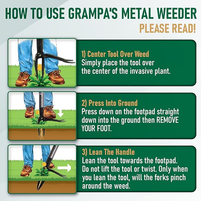 Grampa's Metal Weeder - Stand Up Weed Puller Tool with Steel Long Handle - Made with All Steel Handle & 4-Claw Steel Head - Easily Remove Weeds Without Bending, Pulling, or Kneeling (Black)