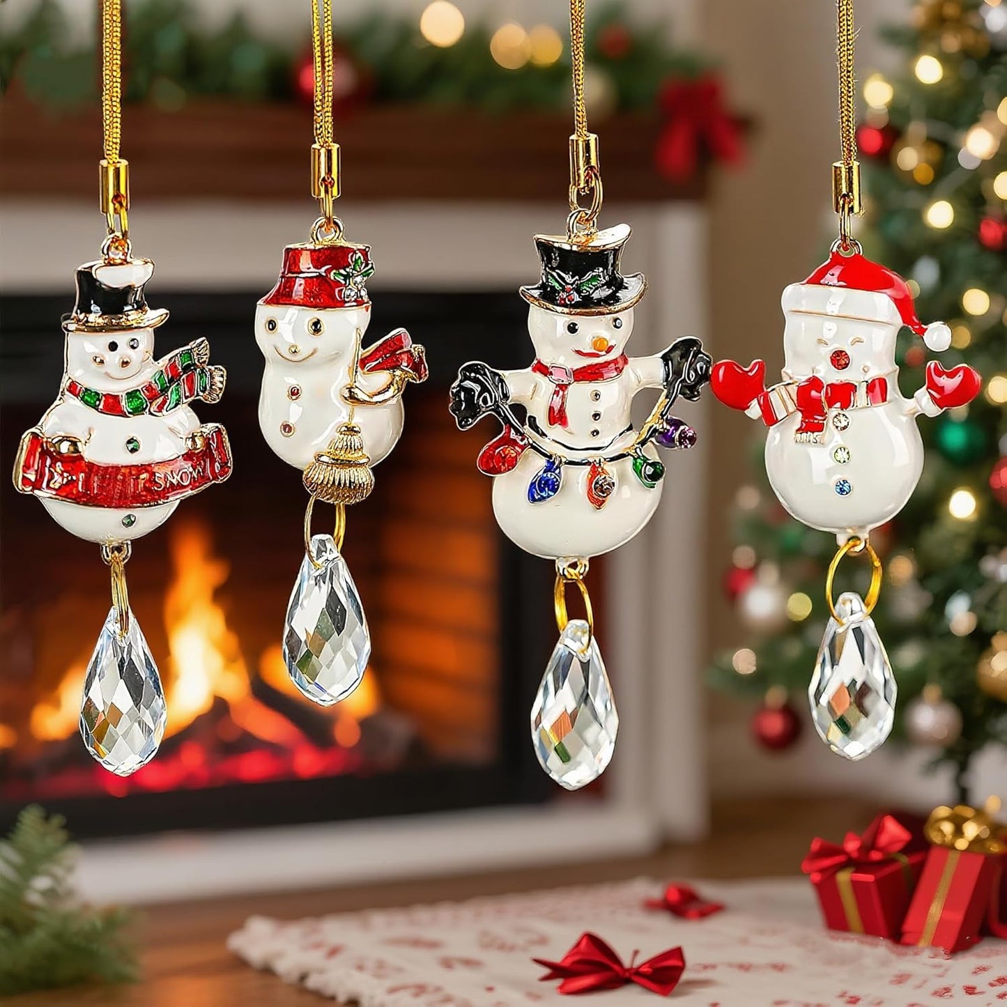 H&D HYALINE & DORA 4 Pcs Christmas Snowman Suncatcher Winter Snowman Hanging Suncatcher for Christmas Tree Hanging Crystal Crafts Holiday Decor Xmas Party Supplies