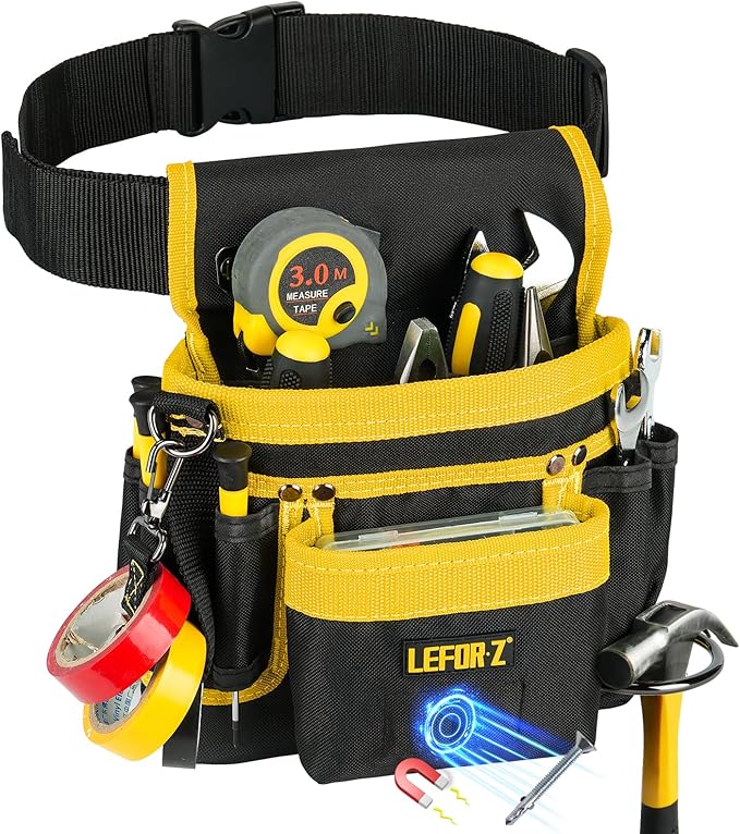 Tool Belt,Magnetic Tool Pouch,14-Pockets Tool Belts for Men,Detachable & Adjustable Tool Pouch belt for Electrician,Carpenter,Construction,Work Apron,Utility Belt,Black-Yellow