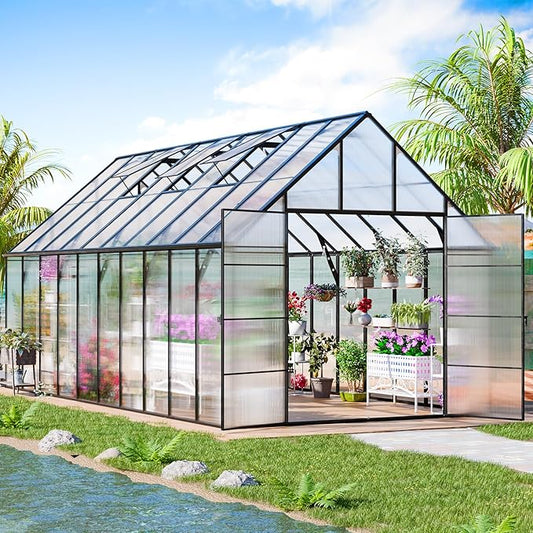 CDCASA 20x10x10 FT Greenhouse for Outdoors, Easy Assembly Large Thicker Aluminum Heavy Duty Polycarbonate Greenhouses Kit w/4 Vents, Swing Door, Outside Walk-in Green House for Sunroom Patio,Backyard