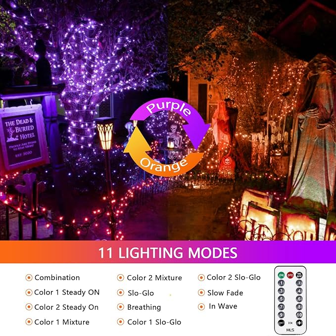 Upgraded Connectable 200 LED Halloween String Lights Outdoor Indoor, 11 Modes Orange to Purple Halloween Decorations Lights, Waterproof Twinkle Fairy Lights Plug in Clear Wire for Tree, Bedroom Decor